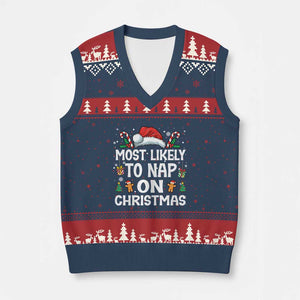Family Matching Xmas V-Neck Knit Sweater Vest Most Likely To Nap On Xmas TS10 Navy Red Print Your Wear