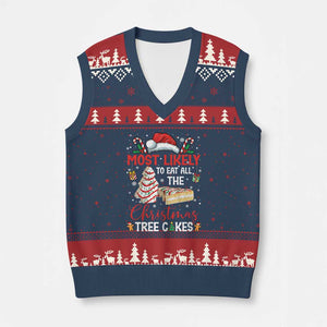 Funny Xmas Squad V-Neck Knit Sweater Vest Most Likely To Eat All The Christmas Tree Cakes TS10 Navy Red Print Your Wear