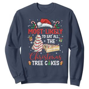 Funny Christmas Squad Sweatshirt Most Likely To Eat All The Christmas Tree Cakes TS10 Navy Print Your Wear