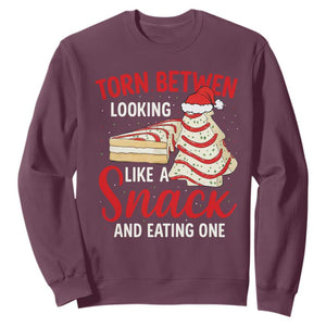 Torn Between Looking Like A Snack Or Eating One Christmas Sweatshirt Debbies Tree Cake TS10 Maroon Print Your Wear