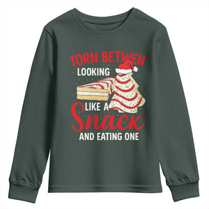Torn Between Looking Like A Snack Or Eating One Christmas Youth Sweatshirt Debbies Tree Cake TS10 Dark Forest Green Print Your Wear