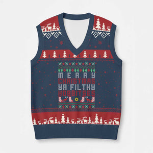 Merry Xmas Ya Filthy Animal V-Neck Knit Sweater Vest Funny Fantasy Movie Meme LOL Ugly Xmas TS10 Navy Red Print Your Wear