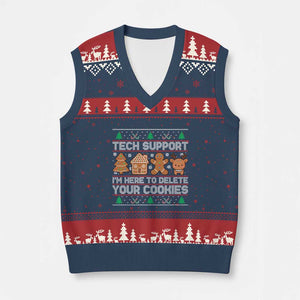 Funny Xmas Tech Support V-Neck Knit Sweater Vest Computer Programmer Gift Here To Delete Cookies Ugly Xmas TS10 Navy Red Print Your Wear
