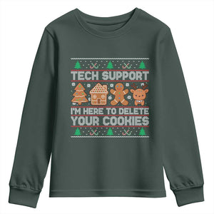 Funny Christmas Tech Support Youth Sweatshirt Computer Programmer Gift Here To Delete Cookies Ugly Xmas TS10 Dark Forest Green Print Your Wear