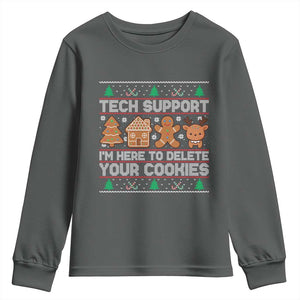 Funny Christmas Tech Support Youth Sweatshirt Computer Programmer Gift Here To Delete Cookies Ugly Xmas TS10 Dark Heather Print Your Wear