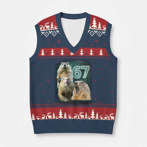 67 Meme Groundhog V-Neck Knit Sweater Vest Howling At The Moon Funny Six Seven Meme Ground Hog Day TS10 Navy Red Print Your Wear