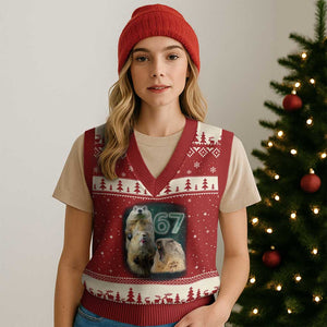 67 Meme Groundhog V-Neck Knit Sweater Vest Howling At The Moon Funny Six Seven Meme Ground Hog Day TS10 Red Beige Print Your Wear