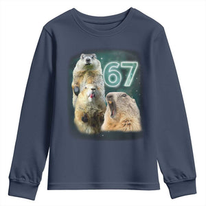 67 Meme Groundhog Youth Sweatshirt Howling At The Moon Funny Six Seven Meme Ground Hog Day TS10 Navy Print Your Wear