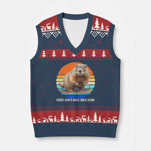 Groundhog Day V-Neck Knit Sweater Vest Retro Vintage Funny Woodchuck Guess Whos Back TS10 Navy Red Print Your Wear