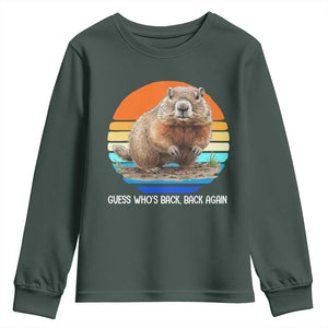 Groundhog Day Youth Sweatshirt Retro Vintage Funny Woodchuck Guess Whos Back TS10 Dark Forest Green Print Your Wear