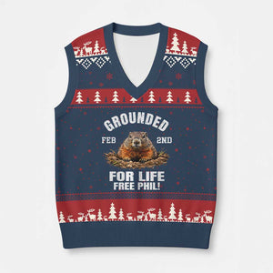 Funny Groundhog V-Neck Knit Sweater Vest Grounded For Life Ground Hog Day TS10 Navy Red Print Your Wear