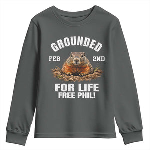 Funny Groundhog Youth Sweatshirt Grounded For Life Ground Hog Day TS10 Dark Heather Print Your Wear