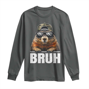 Bruh Groundhog Long Sleeve Shirt Funny Woodchuck Camo Hat Youth Teens Kids Slang TS10 Dark Heather Print Your Wear