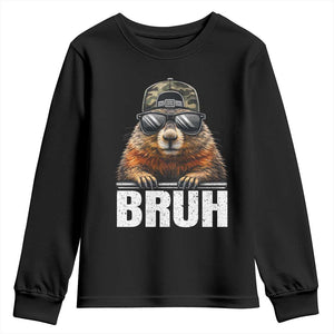 Bruh Groundhog Youth Sweatshirt Funny Woodchuck Camo Hat Youth Teens Kids Slang TS10 Black Print Your Wear