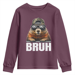Bruh Groundhog Youth Sweatshirt Funny Woodchuck Camo Hat Youth Teens Kids Slang TS10 Maroon Print Your Wear