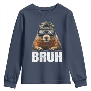 Bruh Groundhog Youth Sweatshirt Funny Woodchuck Camo Hat Youth Teens Kids Slang TS10 Navy Print Your Wear