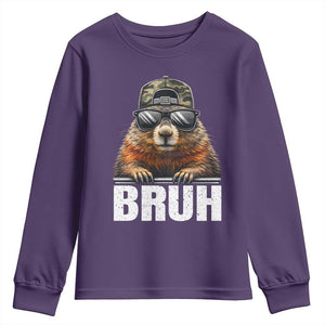Bruh Groundhog Youth Sweatshirt Funny Woodchuck Camo Hat Youth Teens Kids Slang TS10 Purple Print Your Wear
