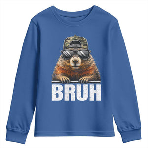 Bruh Groundhog Youth Sweatshirt Funny Woodchuck Camo Hat Youth Teens Kids Slang TS10 Royal Blue Print Your Wear