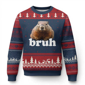 Bruh Groundhog Ugly Christmas Sweater Funny Woodchuck Youth Teens Kids Slang TS10 Navy Red Print Your Wear