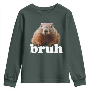 Bruh Groundhog Youth Sweatshirt Funny Woodchuck Youth Teens Kids Slang TS10 Dark Forest Green Print Your Wear