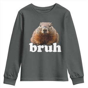 Bruh Groundhog Youth Sweatshirt Funny Woodchuck Youth Teens Kids Slang TS10 Dark Heather Print Your Wear