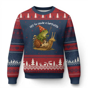 Whimsical Frog Wizard Meme Ugly Christmas Sweater Off to Cause A Kerfuffle TS10 Navy Red Print Your Wear