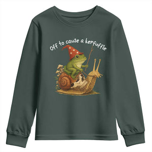 Whimsical Frog Wizard Meme Youth Sweatshirt Off to Cause A Kerfuffle TS10 Dark Forest Green Print Your Wear