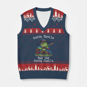 Wizard Frog Meme V-Neck Knit Sweater Vest Outta Spells But Not Outta Shells TS10 Navy Red Print Your Wear