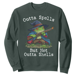 Wizard Frog Meme Sweatshirt Outta Spells But Not Outta Shells TS10 Dark Forest Green Print Your Wear