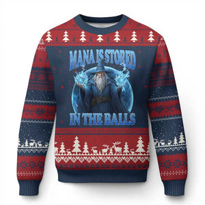 Funny Wizard Ugly Christmas Sweater Mana is Stored in The Balls Magician Sorcerer Witcher TS10 Navy Red Print Your Wear