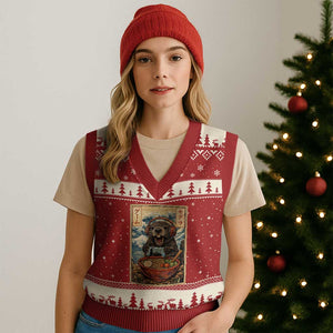 Cute Kawaii Gamer Groundhog V-Neck Knit Sweater Vest Funny Japanese Ramen Anime Otaku Fan Gift TS10 Red Beige Print Your Wear