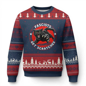 Vintage Black Cat Against Fascists Ugly Christmas Sweater TS10 Navy Red Print Your Wear