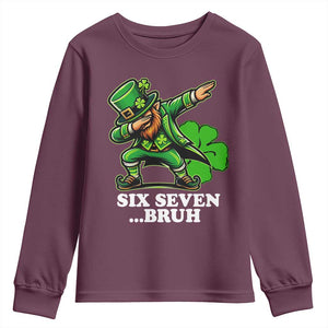 St Patricks Day Six Seven Bruh Youth Sweatshirt Leprechaun 67 Meme Irish Ireland Lucky Shamrocks TS10 Maroon Print Your Wear
