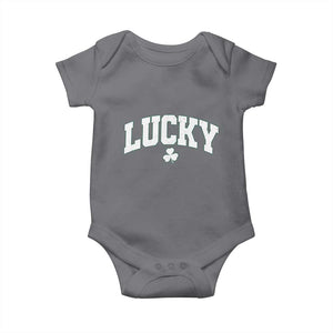 Retro Lucky Baby Onesie St Patricks Day Irish Shamrock Varsity TS10 Charcoal Print Your Wear