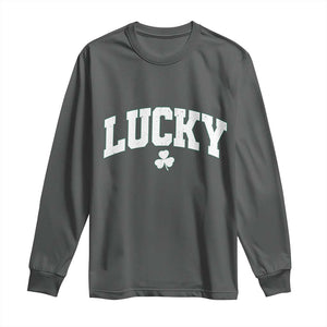 Retro Lucky Long Sleeve Shirt St Patricks Day Irish Shamrock Varsity TS10 Dark Heather Print Your Wear