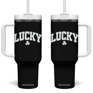 Retro Lucky Tumbler With Handle St Patricks Day Irish Shamrock Varsity TS10 One Size: 40 oz Black Print Your Wear