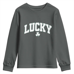 Retro Lucky Youth Sweatshirt St Patricks Day Irish Shamrock Varsity TS10 Dark Heather Print Your Wear