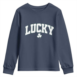Retro Lucky Youth Sweatshirt St Patricks Day Irish Shamrock Varsity TS10 Navy Print Your Wear