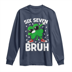Funny Irish St Patricks Day Shamrock 67 Meme Long Sleeve Shirt Six Seven Bruh Gen Alpha Slang TS10 Navy Print Your Wear