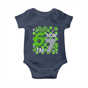 I Was 6 Now I'm 7 Baby Onesie Funny 7th 67 Birthday Meme Lucky Shamrock Checkered TS10 Navy Print Your Wear