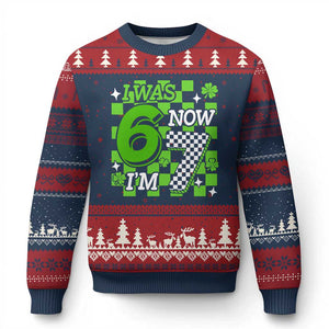 I Was 6 Now I'm 7 Ugly Christmas Sweater Funny 7th 67 Birthday Meme Lucky Shamrock Checkered TS10 Navy Red Print Your Wear