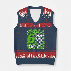 I Was 6 Now I'm 7 V-Neck Knit Sweater Vest Funny 7th 67 Birthday Meme Lucky Shamrock Checkered TS10 Navy Red Print Your Wear