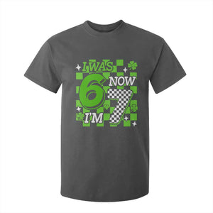 I Was 6 Now I'm 7 T Shirt For Kid Funny 7th 67 Birthday Meme Lucky Shamrock Checkered TS10 Dark Heather Print Your Wear