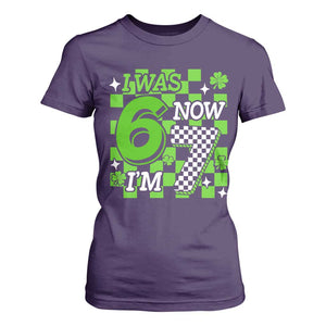 I Was 6 Now I'm 7 T Shirt For Women Funny 7th 67 Birthday Meme Lucky Shamrock Checkered TS10 Purple Print Your Wear