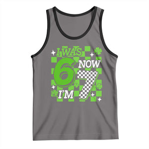 I Was 6 Now I'm 7 Tank Top Funny 7th 67 Birthday Meme Lucky Shamrock Checkered TS10 Deep Heather Black Print Your Wear