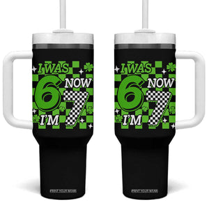I Was 6 Now I'm 7 Tumbler With Handle Funny 7th 67 Birthday Meme Lucky Shamrock Checkered TS10 One Size: 40 oz Black Print Your Wear