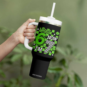 I Was 6 Now I'm 7 Tumbler With Handle Funny 7th 67 Birthday Meme Lucky Shamrock Checkered TS10 Print Your Wear