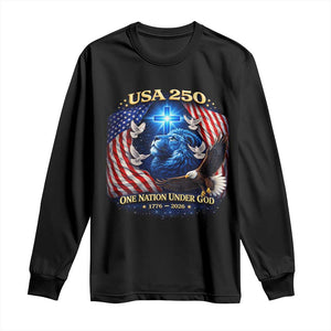 US 250th Anniversary Long Sleeve Shirt 250 Years One Nation Under God Christian Patriotic Cross USA Flag TS10 Black Print Your Wear