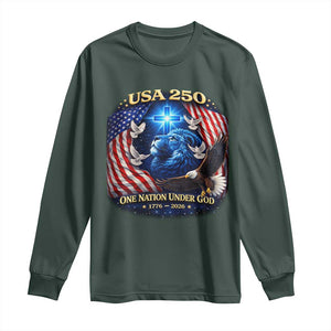 US 250th Anniversary Long Sleeve Shirt 250 Years One Nation Under God Christian Patriotic Cross USA Flag TS10 Dark Forest Green Print Your Wear