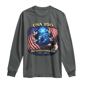 US 250th Anniversary Long Sleeve Shirt 250 Years One Nation Under God Christian Patriotic Cross USA Flag TS10 Dark Heather Print Your Wear